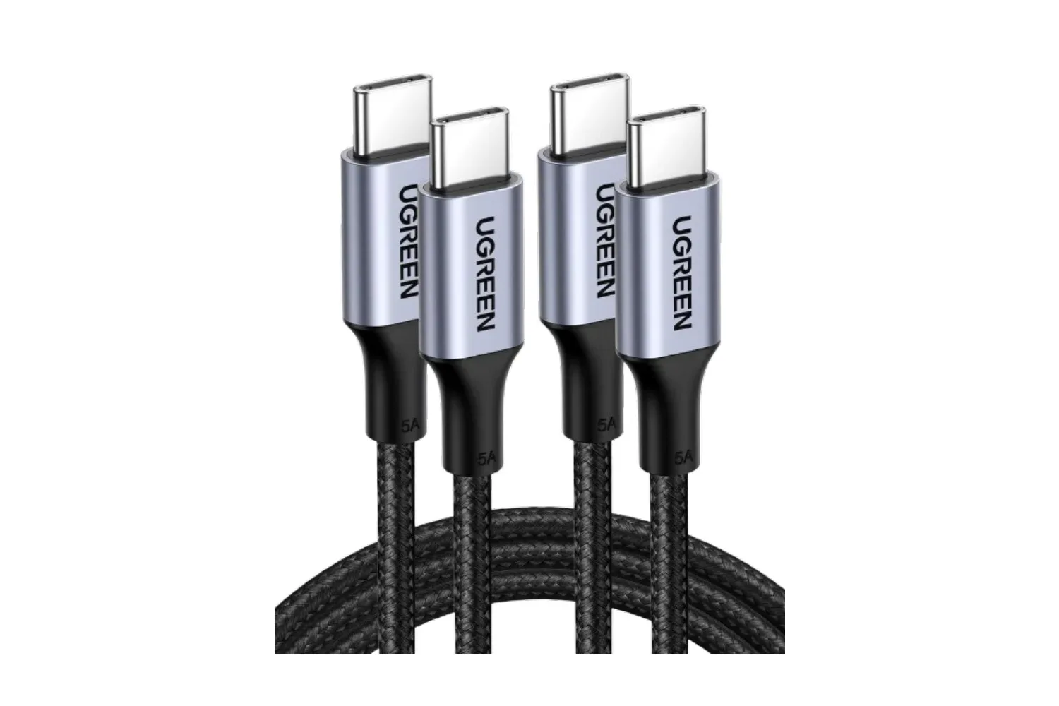 Two black braided UGREEN USB-C to USB-C charging cables with USB-C connectors