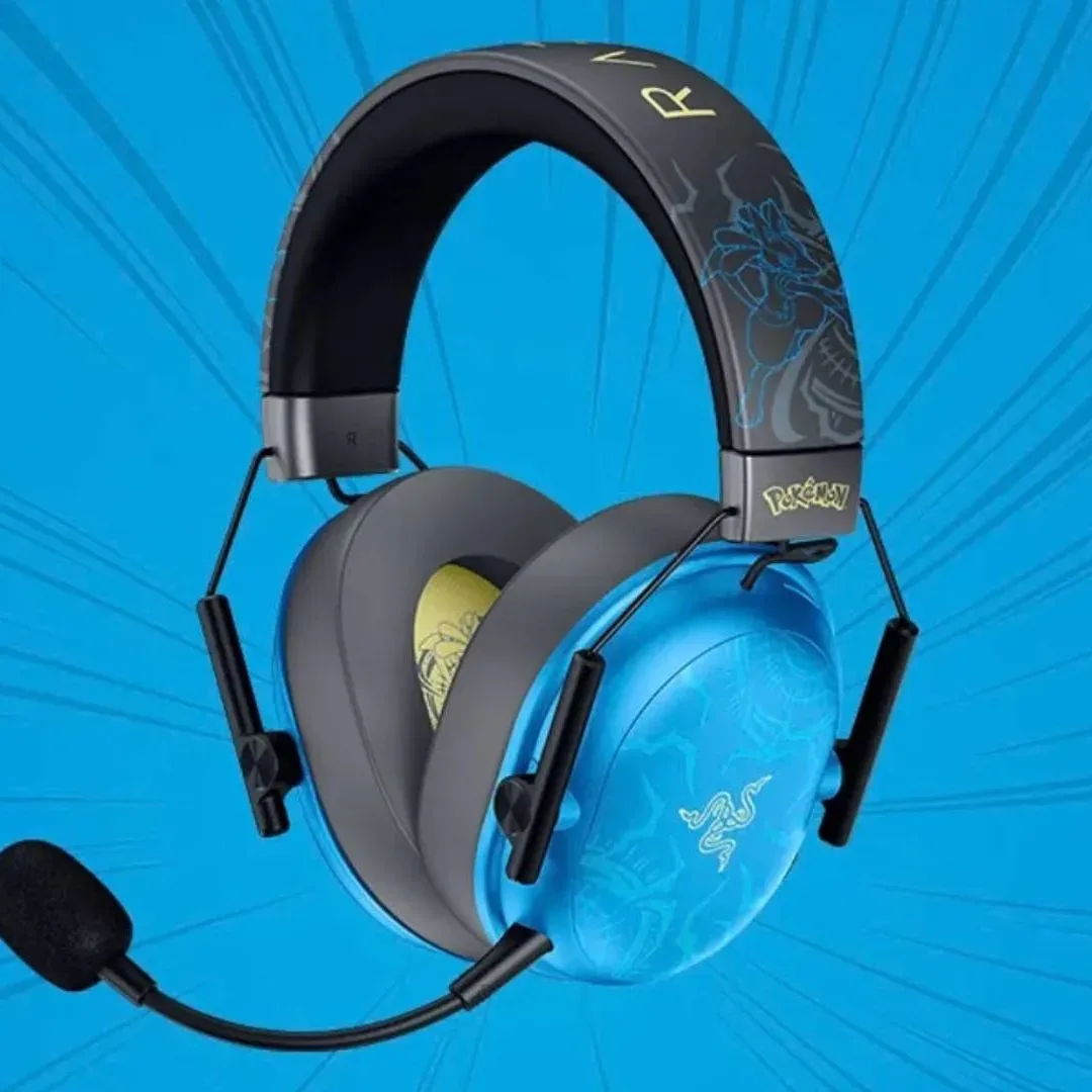 Close view of the Lucario Edition BlackShark V3 X HyperSpeed headset’s blue and cream earcups