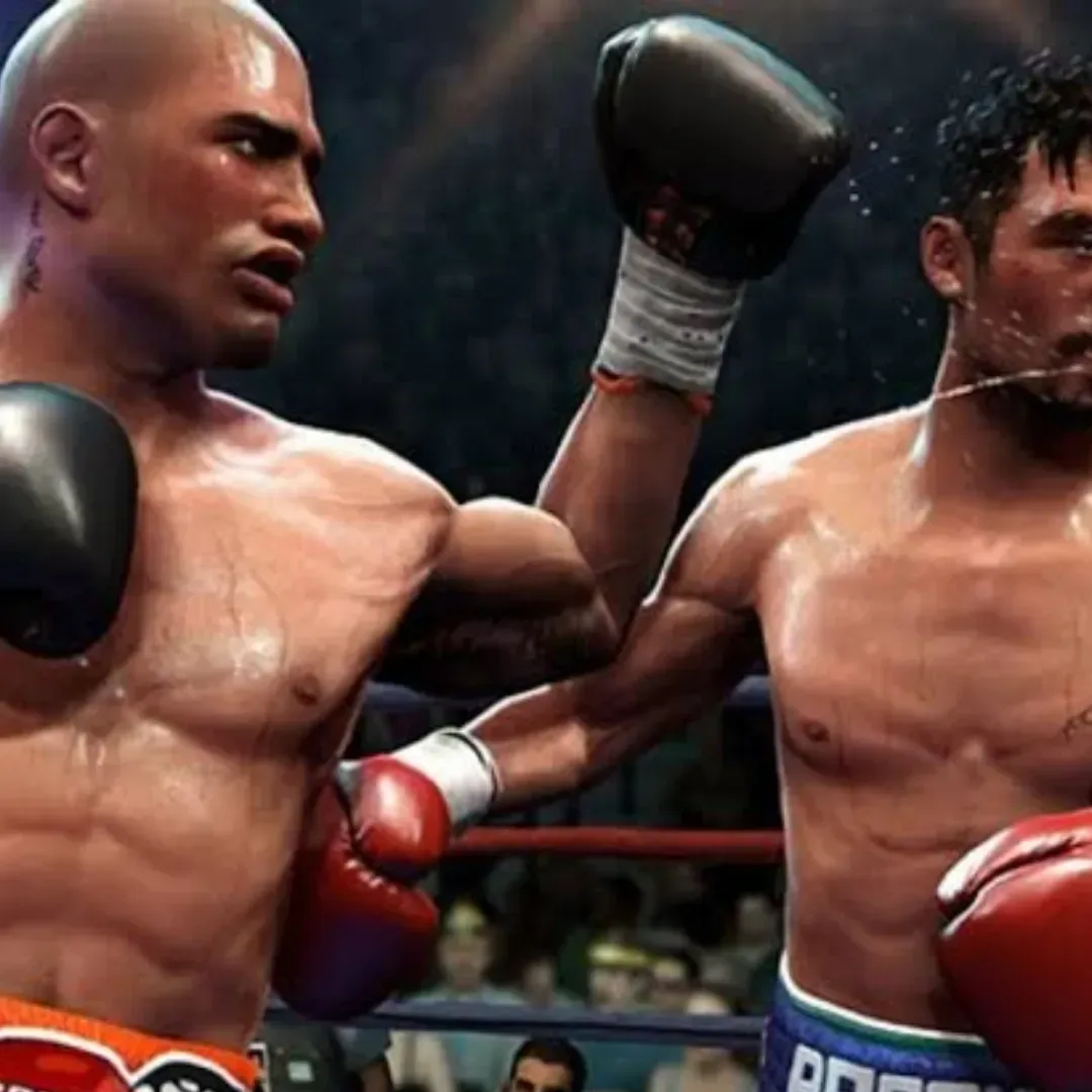 A pair of boxing gloves hanging above a boxing ring in Fight Night return teaser artwork