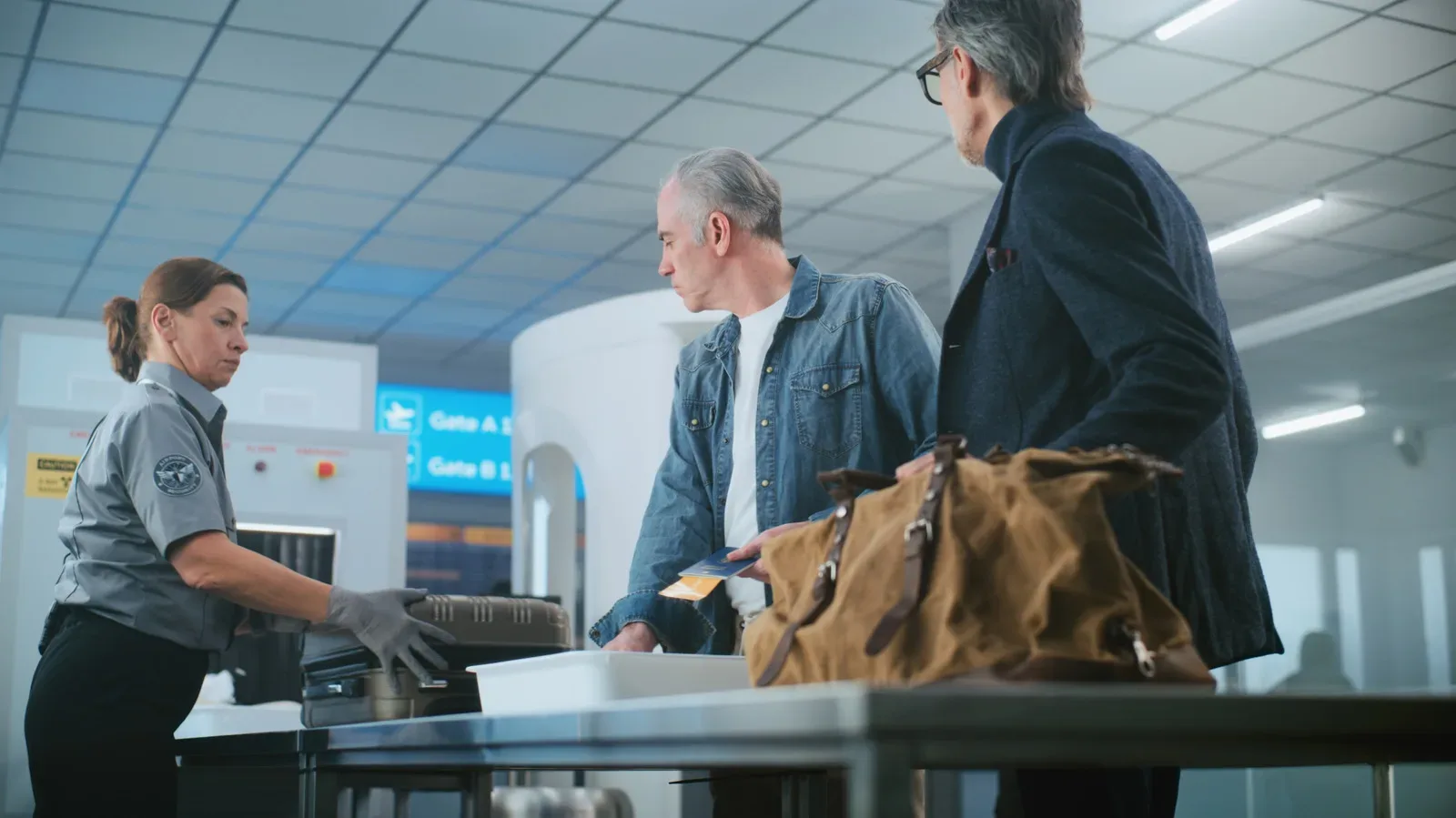 Handheld gaming system, power bank and headphones arranged in an open carry-on bag