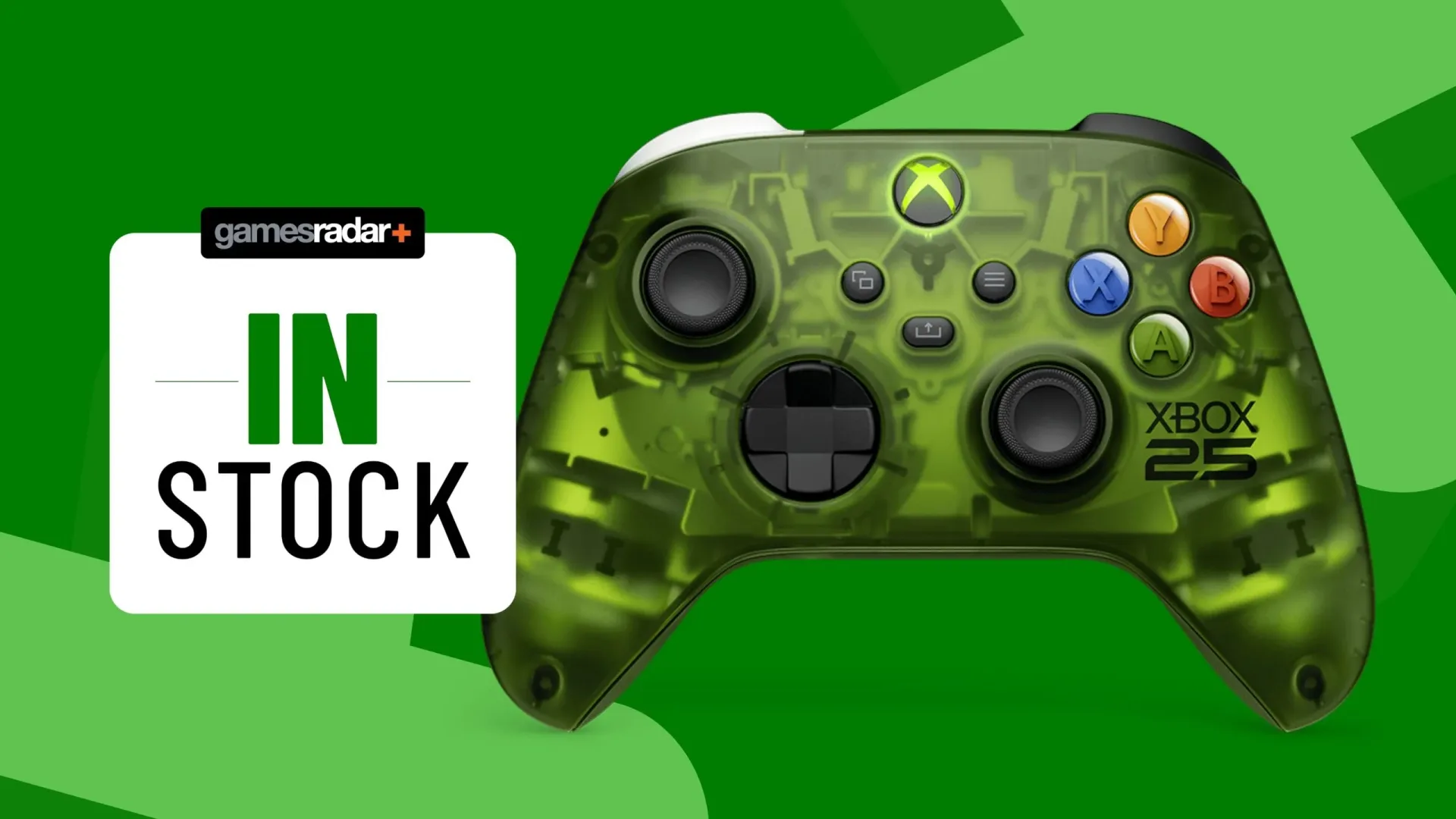 Translucent green Xbox X25 anniversary controller with full-colour face buttons
