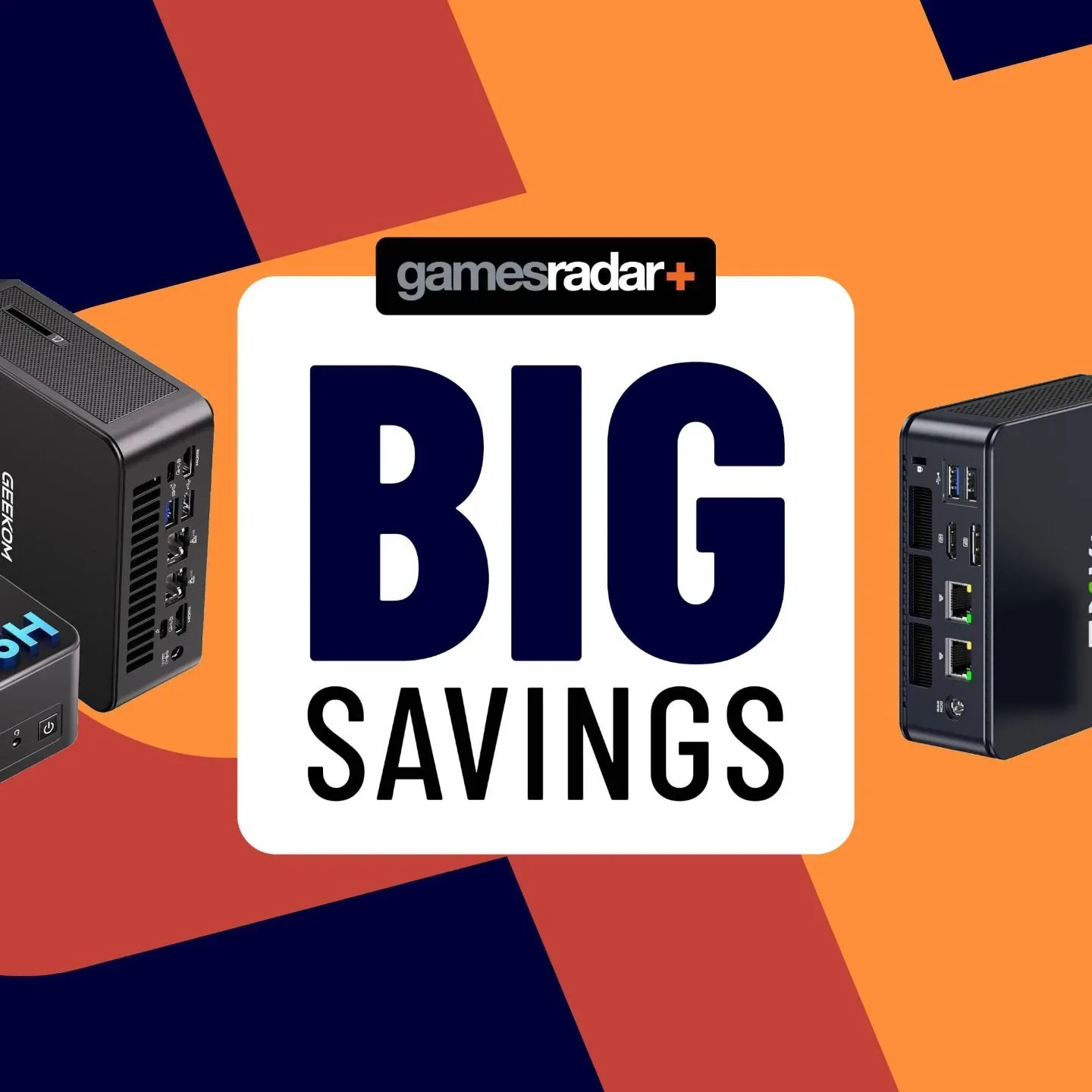 Several mini PCs on an orange cross next to the sign 'Big Savings'.