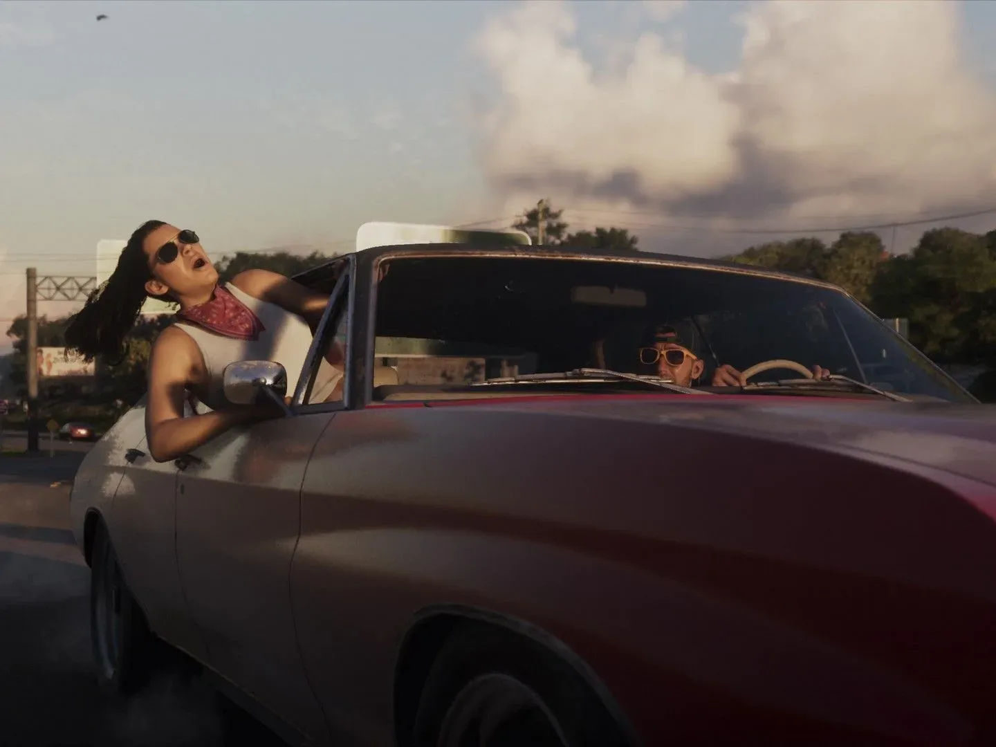 Lucia yells from the window in joy as Jason drives a stolen car down the highway, from the GTA 6 extended look