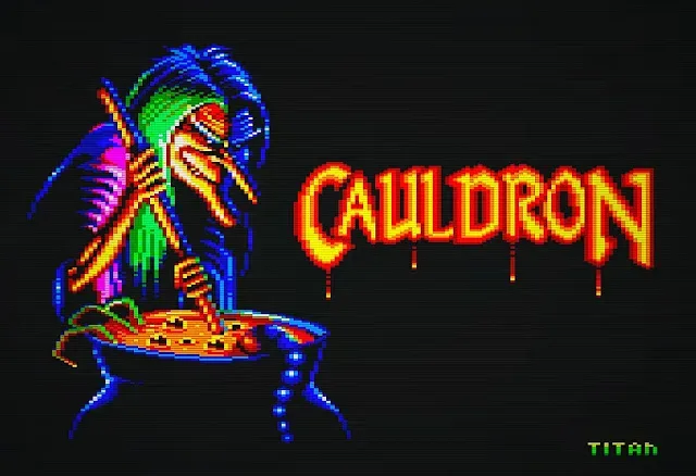 Cauldron: Halloween Edition shows the witch flying through an updated Amstrad CPC landscape