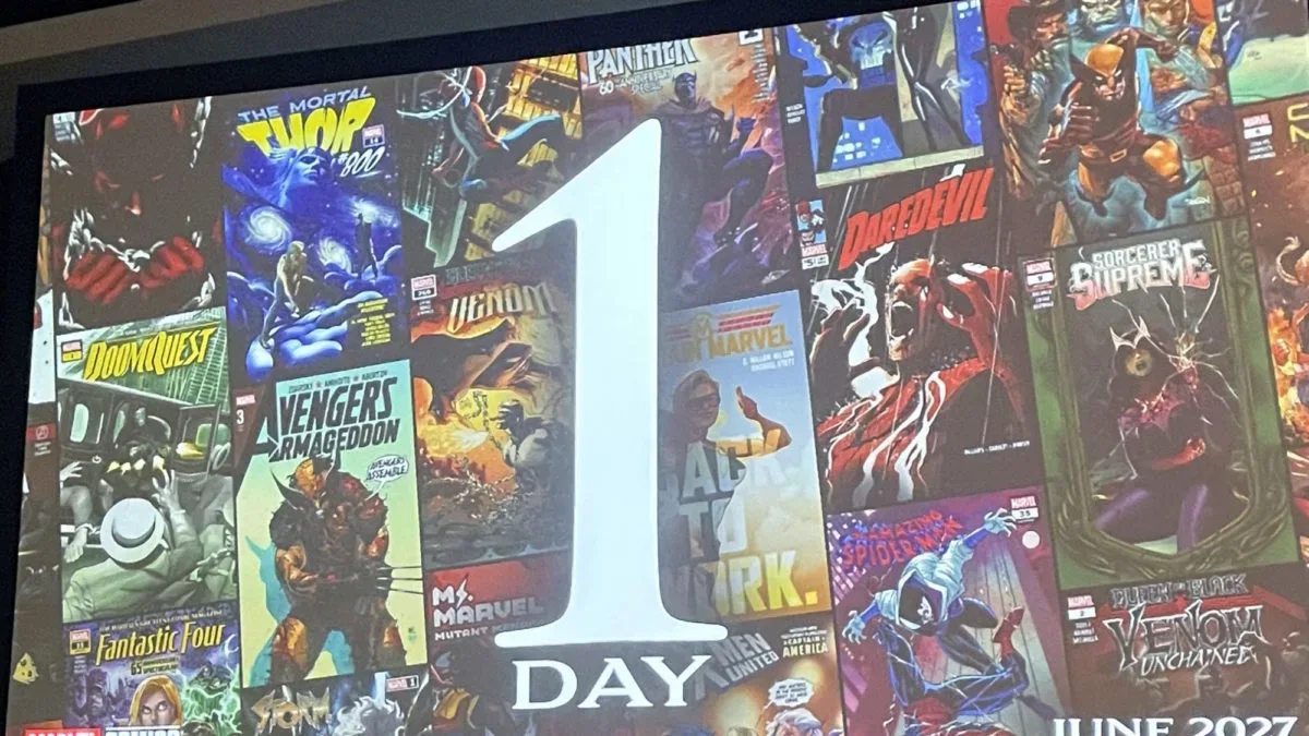 Marvel Comics ‘1 Day’ teaser text displayed against a dark background