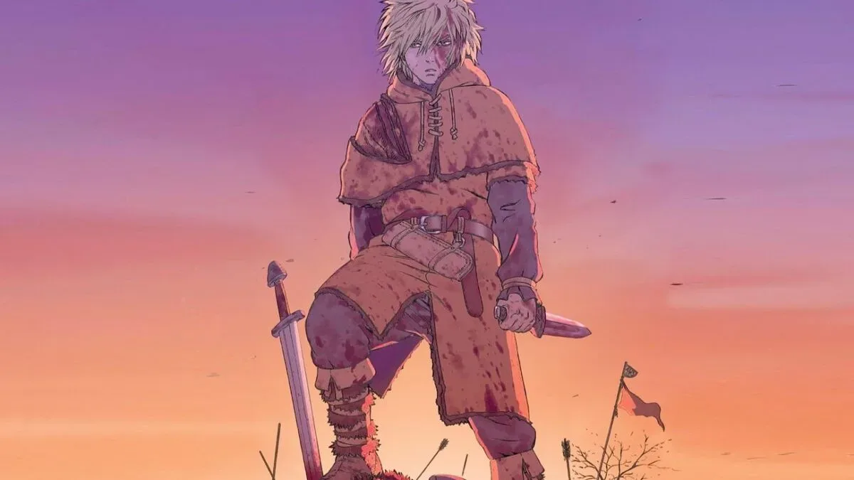 Thorfinn from Vinland Saga in a dramatic anime scene