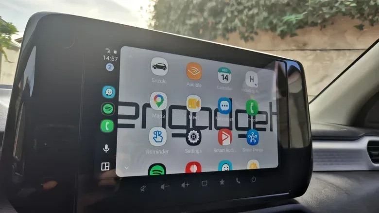 Android Auto split-screen layout showing navigation and media controls