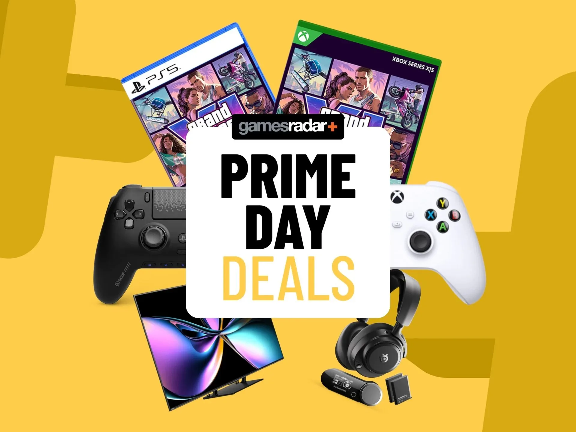 GTA 6 games and accessories on a yellow background with Prime Day badge