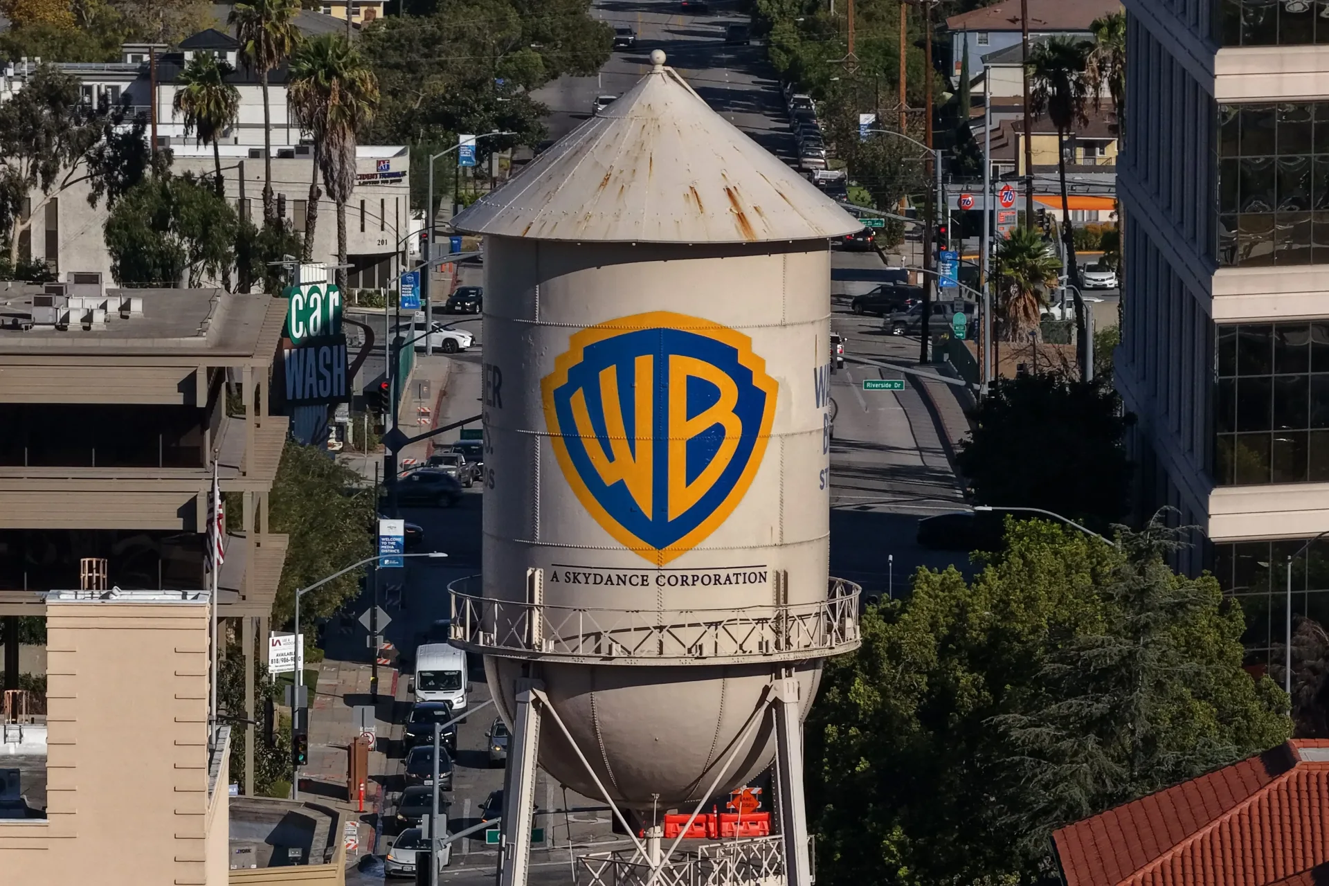 Warner Bros. studio water tower in Burbank updated with the words “A Skydance Corporation”
