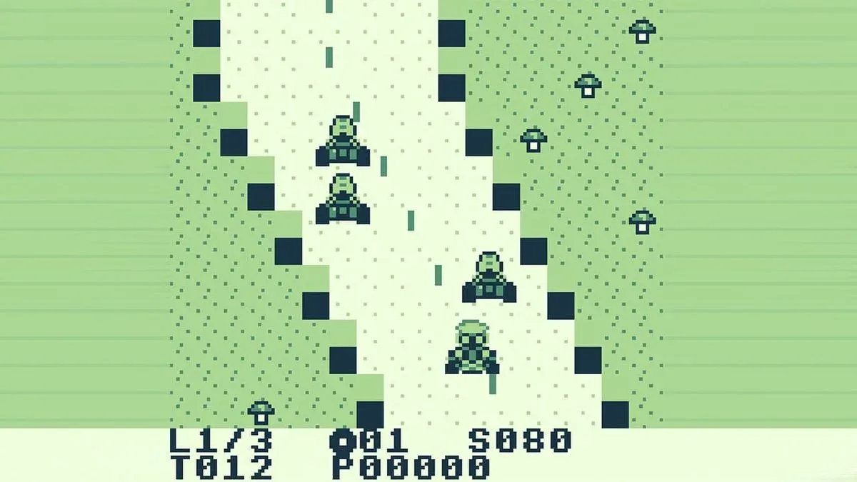 Mario Kart Rally DMG browser game shown in an 8-bit Game Boy-inspired racing style
