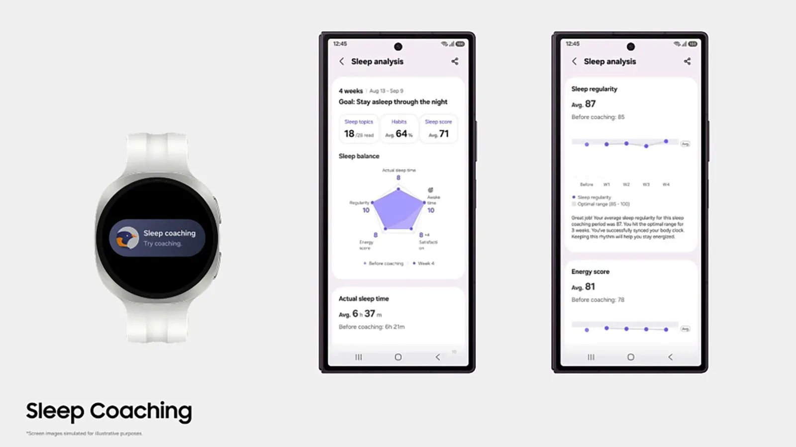 Samsung Health Sleep Coaching screen showing a Sleep Balance graph