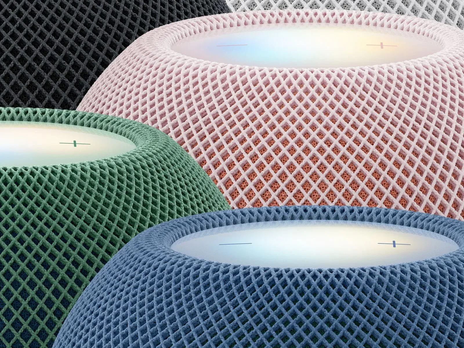HomePod mini 2 lineup in pink, blue, green, midnight and white finishes
