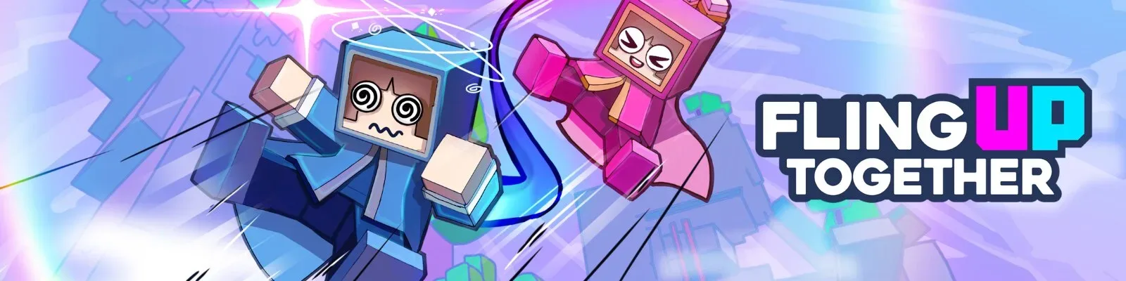 Two players connected by one rope climb through the floating platforms of FLING UP TOGETHER
