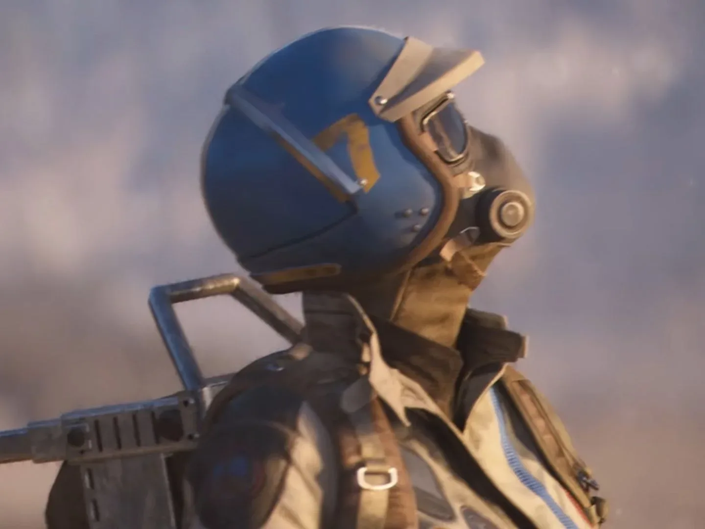 Arc Raiders character in blue motorcycle helmet with black visor and mask