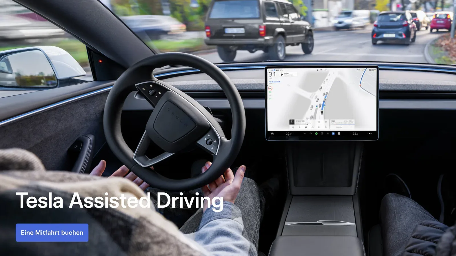 Tesla vehicle display showing an assisted driving interface
