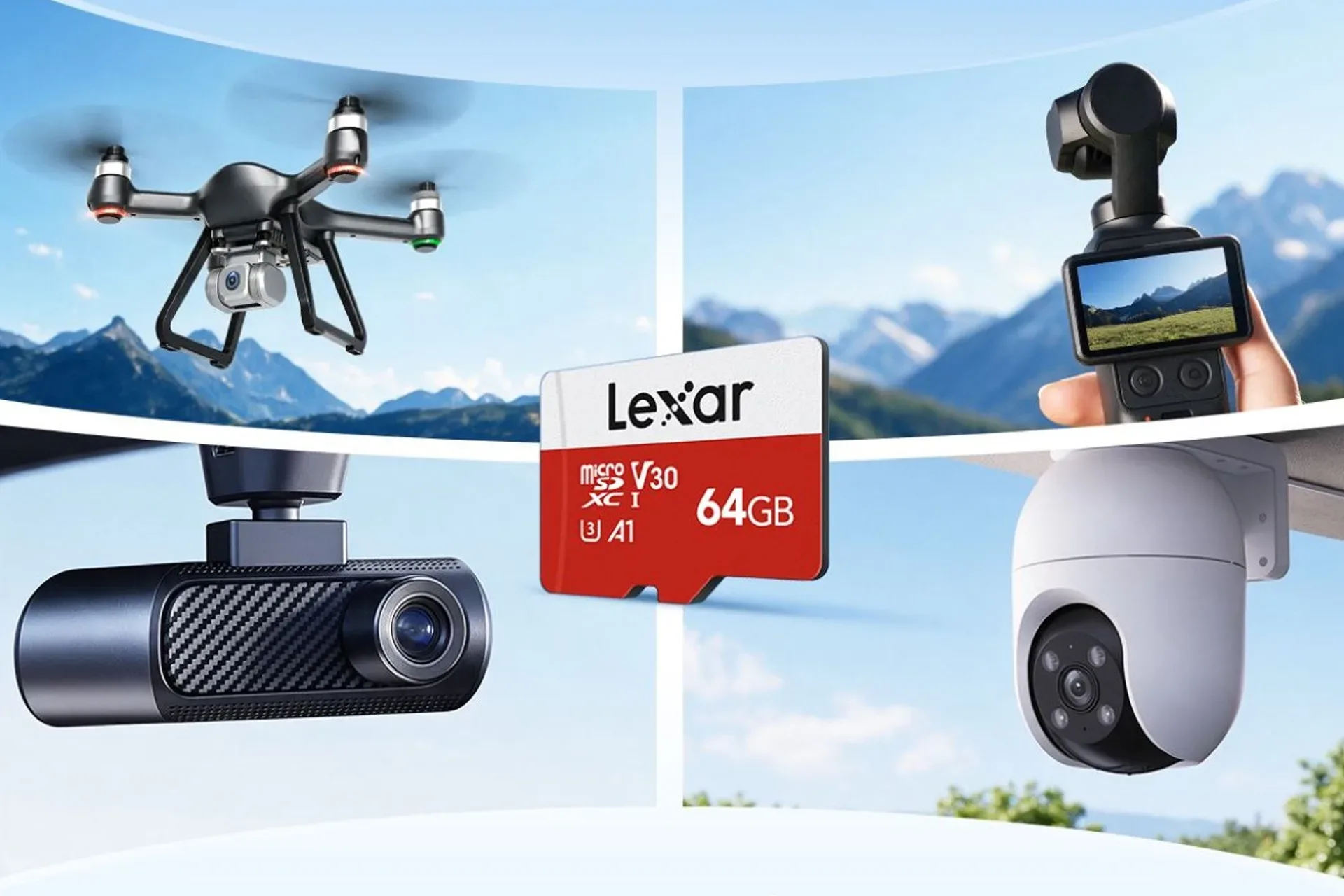 Three Lexar E-Series 64GB microSD cards with a full-size SD adapter