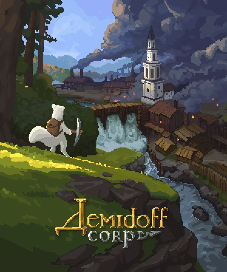 Demidoff Corp promotional art showing its Ural folklore-inspired industrial setting