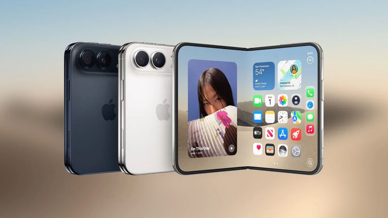 Close view of an iPhone Duo foldable inner display with its center crease visible