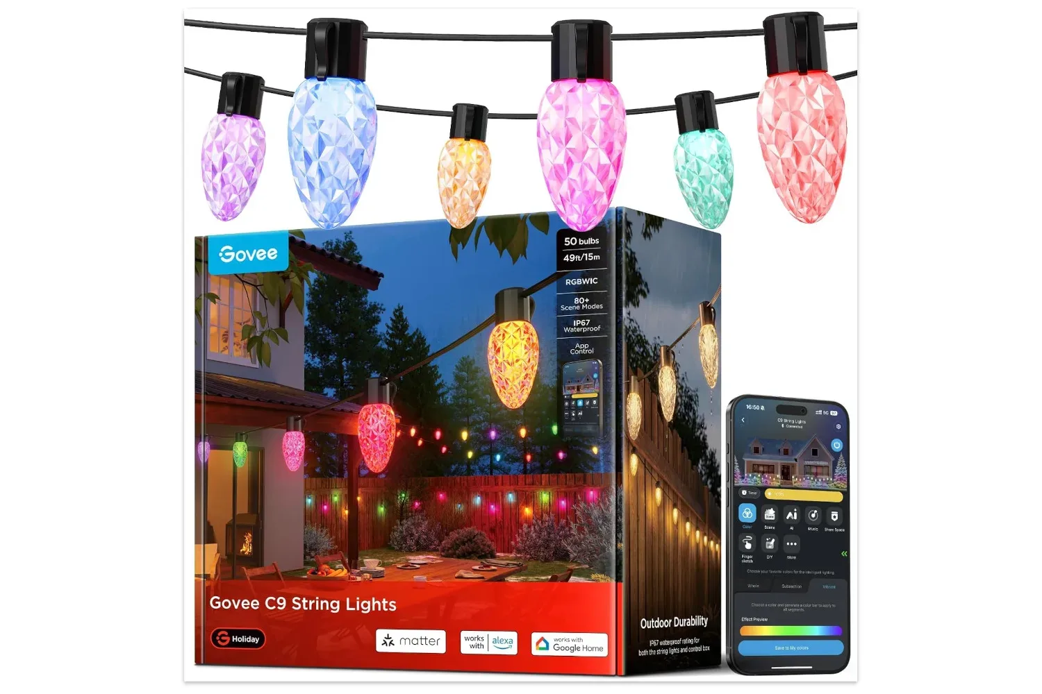 Govee C9 smart string lights arranged along an outdoor space