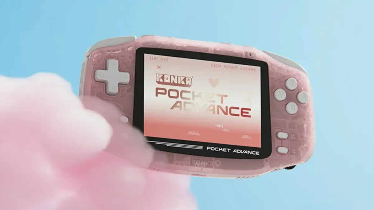 AYANEO KONKR Pocket Advance Ice Pink limited edition with a translucent light-pink shell and grey buttons
