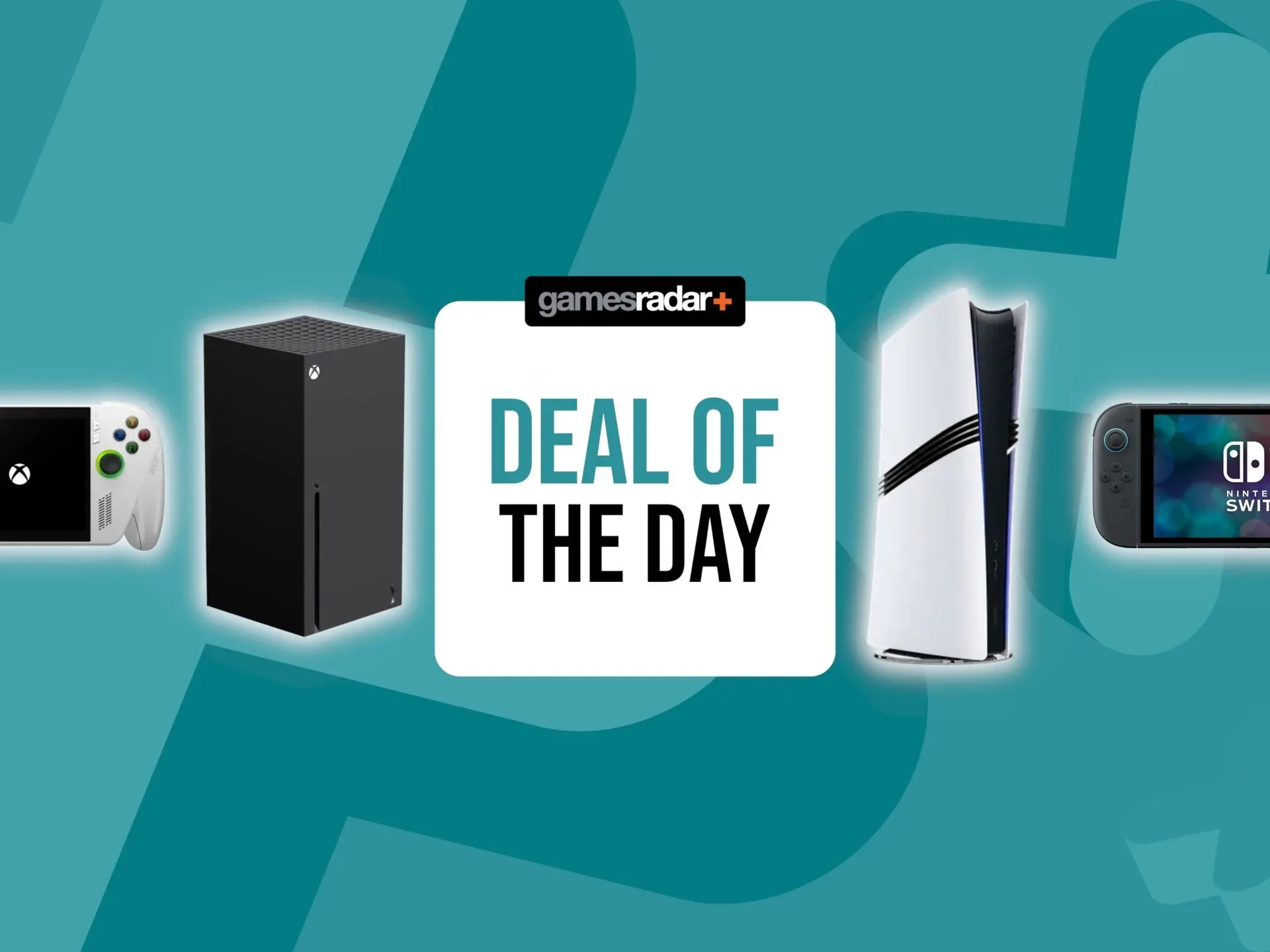 PS5, Nintendo Switch 2, and Xbox consoles on a light blue background with deal of the day badge