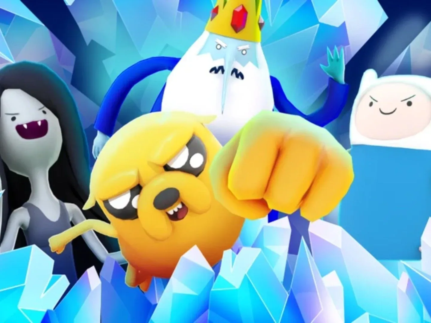 Jake, Finn, Marceline, and The Ice King punch their way through a wall of ice in a promotional image for Adventure Time RPG on Roblox.