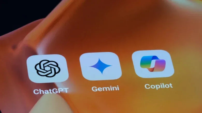 Phone screen showing ChatGPT, Gemini, and Copilot icons.