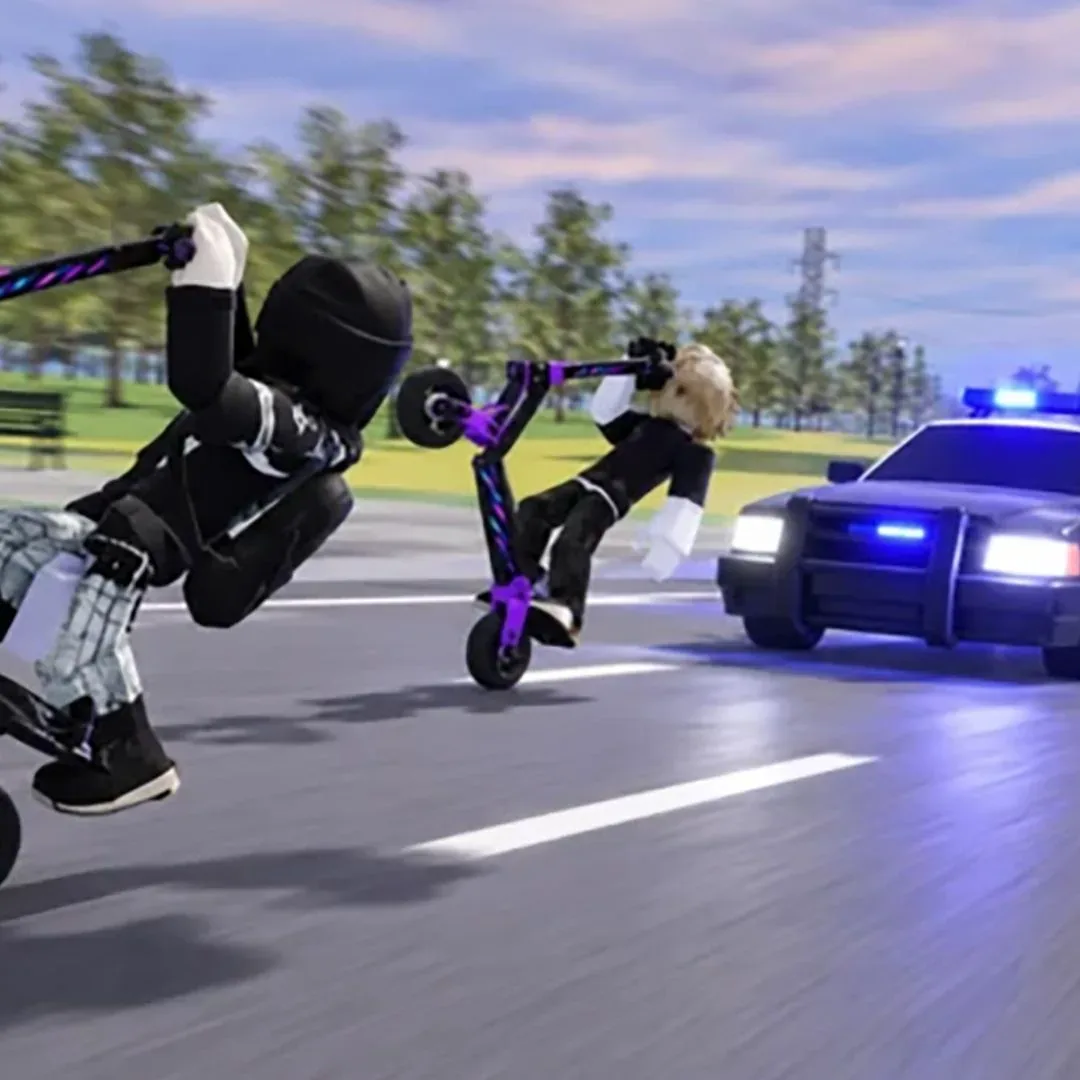 Press shot for Kukirin Life codes showing two players performing wheelies on e-scooters while being chased by several police cars