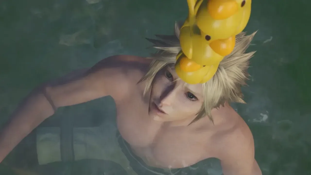 Vincent Valentine at a Final Fantasy 7 Revelation hot spring in his usual outfit