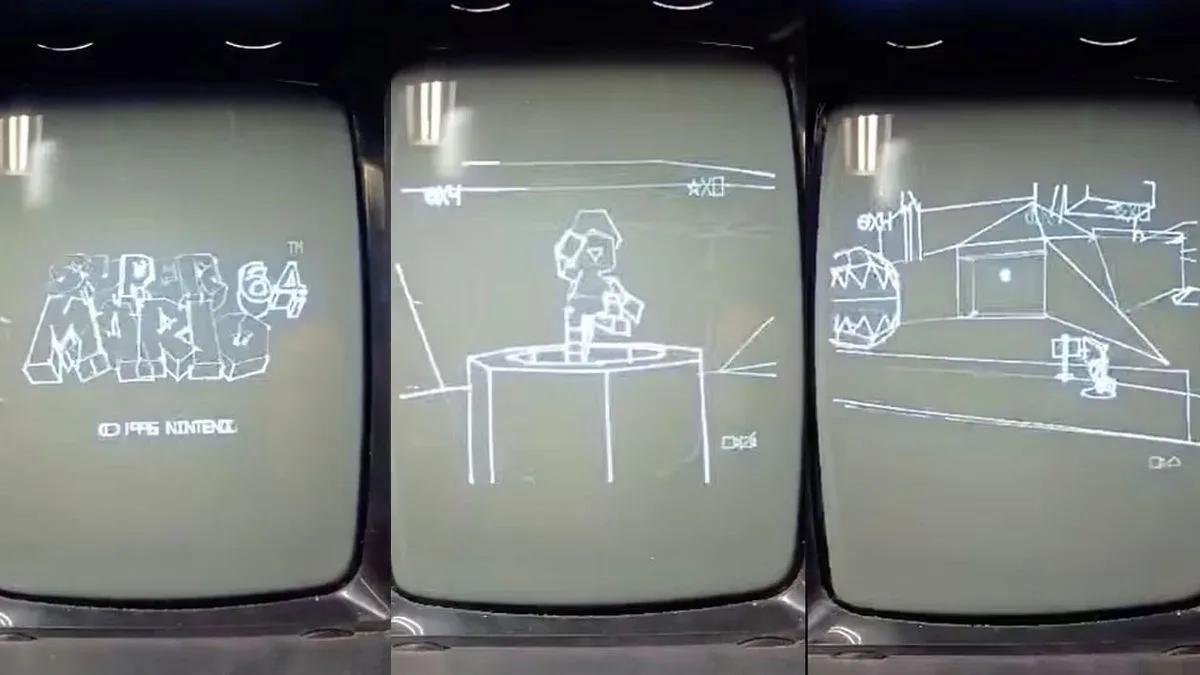 Wireframe-style Super Mario 64 homebrew running on a Vectrex display