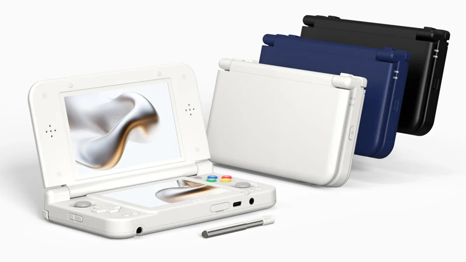 Anbernic RG DDS dual-screen clamshell handheld in Glacier White
