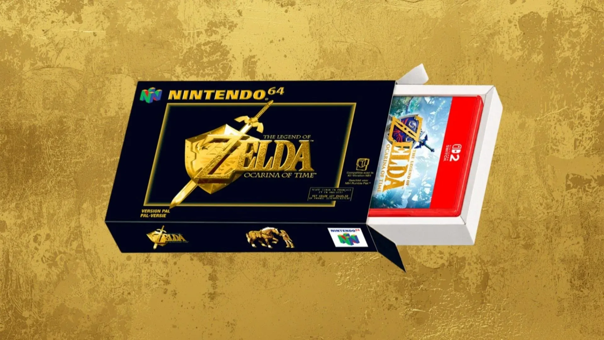 Replica-style PAL Nintendo 64 Ocarina of Time box slipcase designed to hold a Switch 2 game case