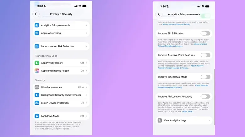 A pair of screenshots showing how to disable Siri training.