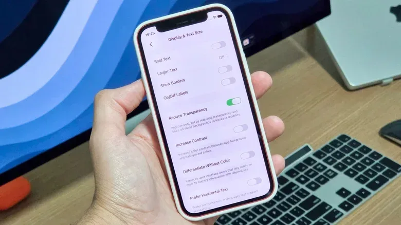 iPhone Display & Text Size settings with Reduce Transparency turned on.