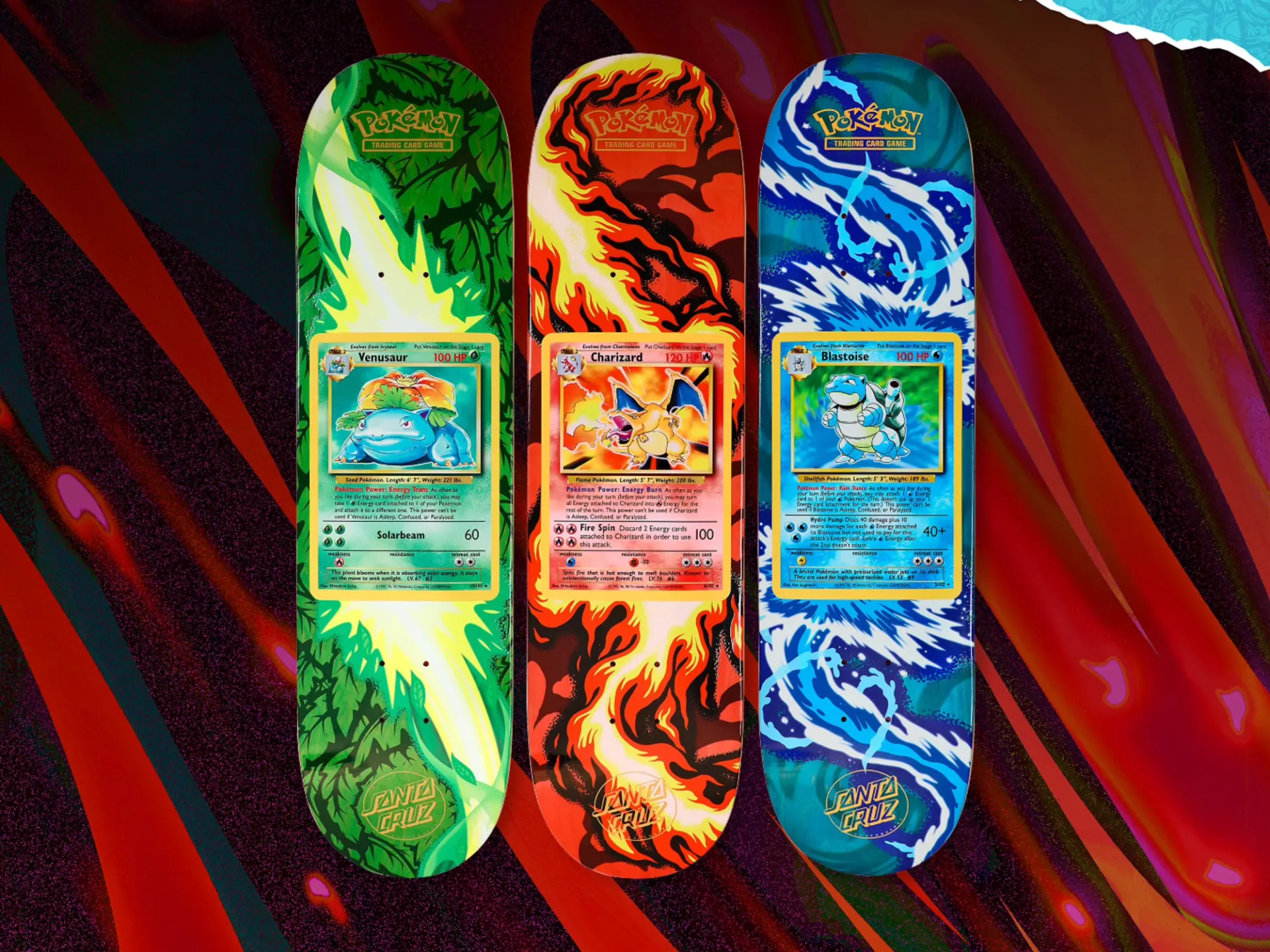 Pokémon TCG Santa Cruz skateboard deck booklet showing the available deck designs