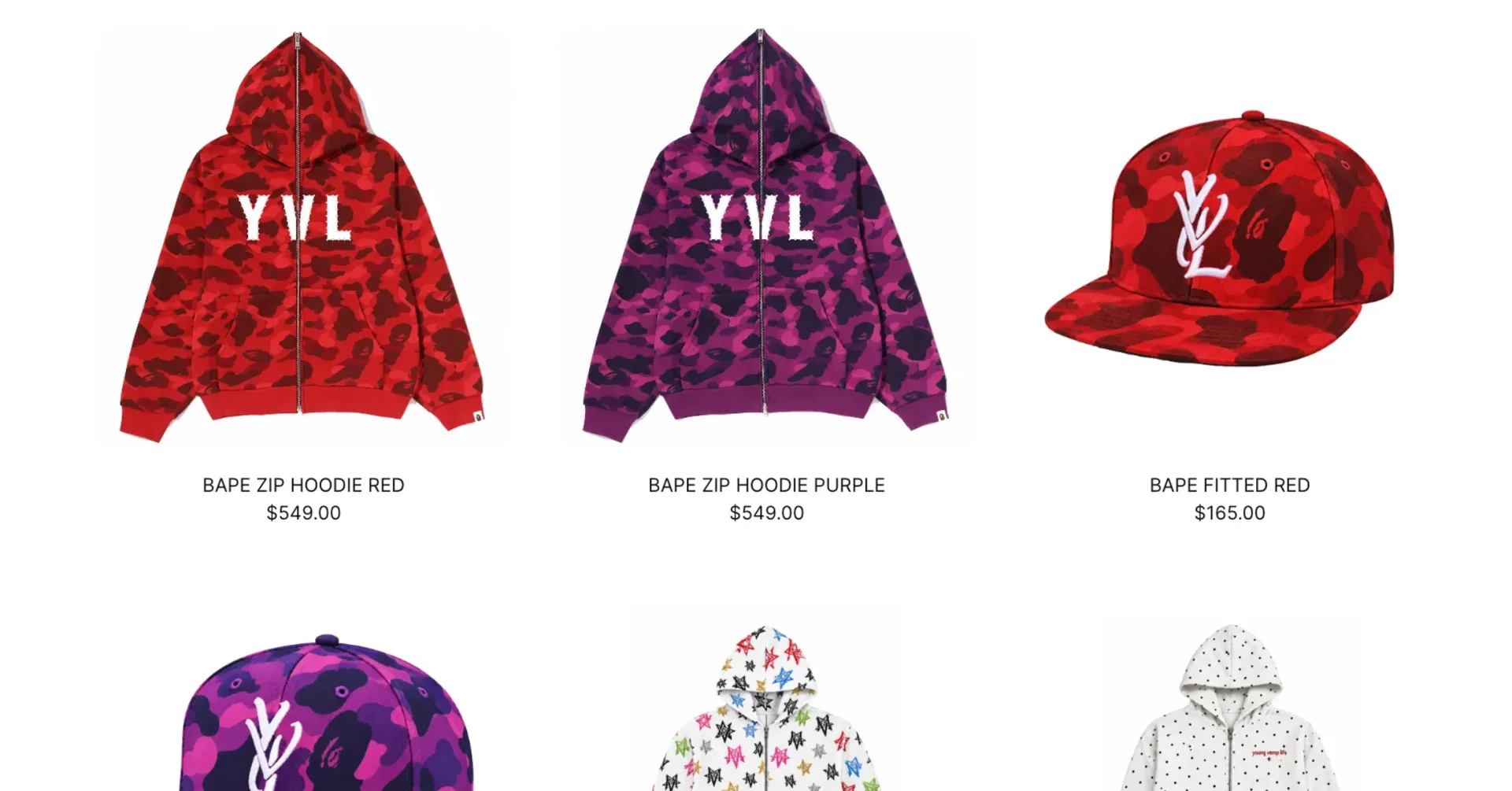 Red YVL x BAPE camouflage zip hoodie with large white YVL lettering