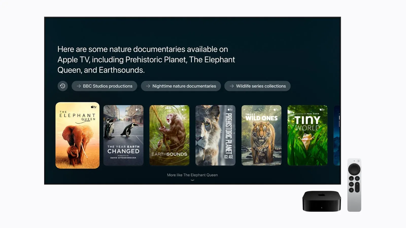 Apple TV interface showing Siri AI entertainment search results with poster artwork