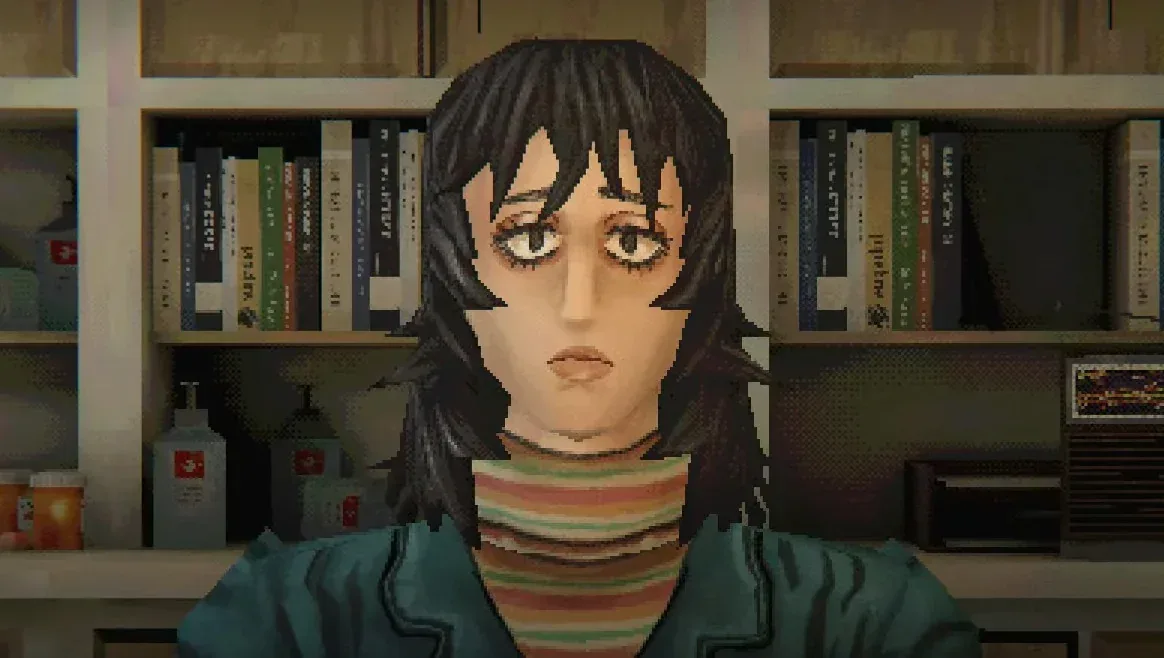 Shelley Duvall-inspired horror game character with wide, worried eyes