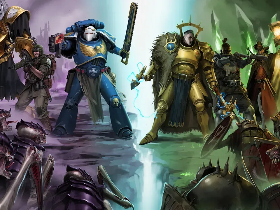 Warhammer Survivors gameplay showing a crowded bullet-heaven battle