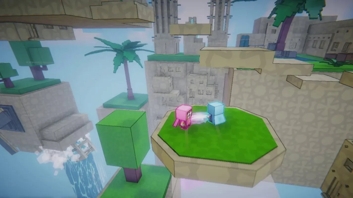FLING UP TOGETHER gameplay showing colour-coded cooperative platforms and a shared rope