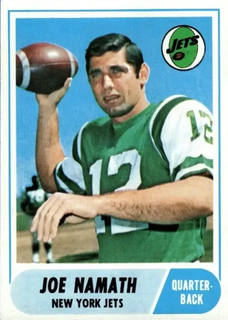 1965 Topps Joe Namath #122 rookie card with yellow background and green jersey