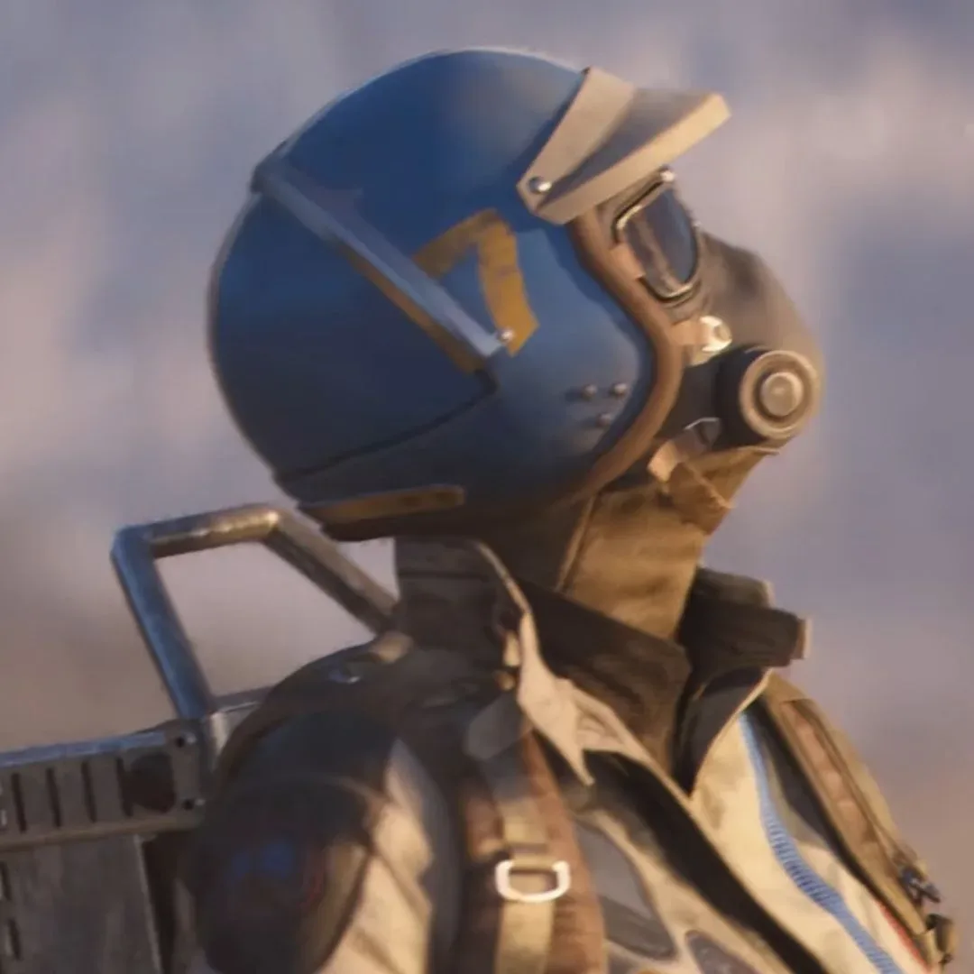 Arc Raiders character in blue motorcycle helmet with black visor and mask