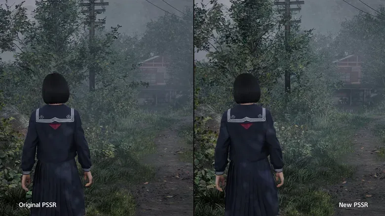 A split screen shows a woman from behind in a dark wood, where a house sits in the background. The image on the right is brighter due to PlayStation's New PSSR AI enhancement.