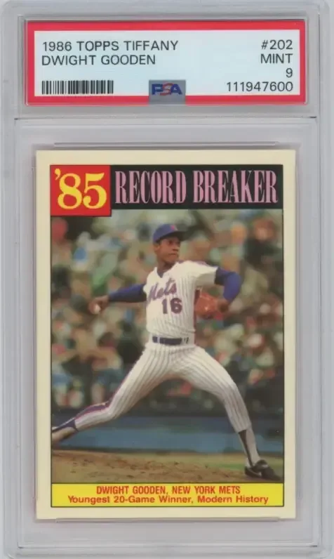 Autographed 1986 Topps Tiffany Dwight Gooden card #250 with PSA Gem Mint 10 card and autograph grades