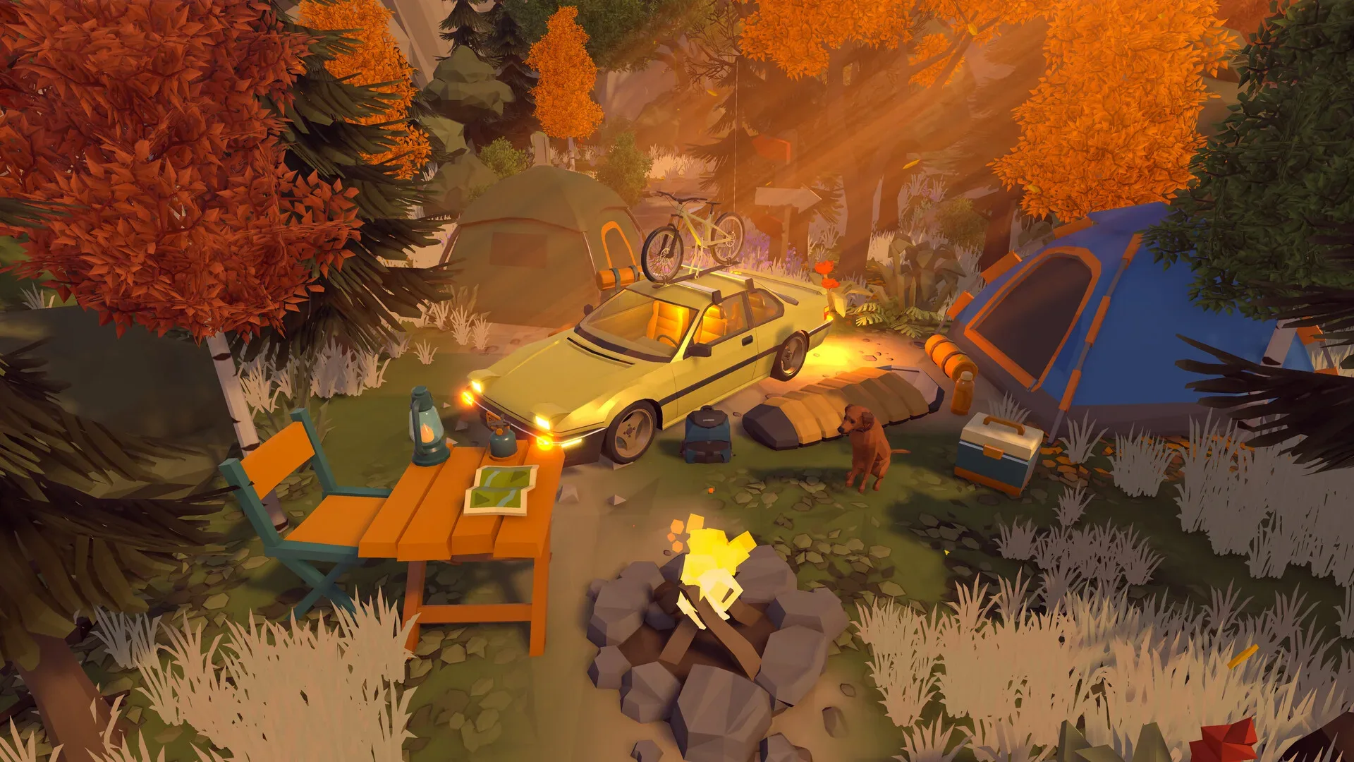 I Know a Spot player driving toward a campsite in the connected open world