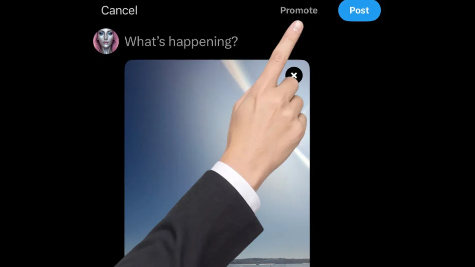 Illustration of a social-media post composer with an animated arm pointing toward a Promote button