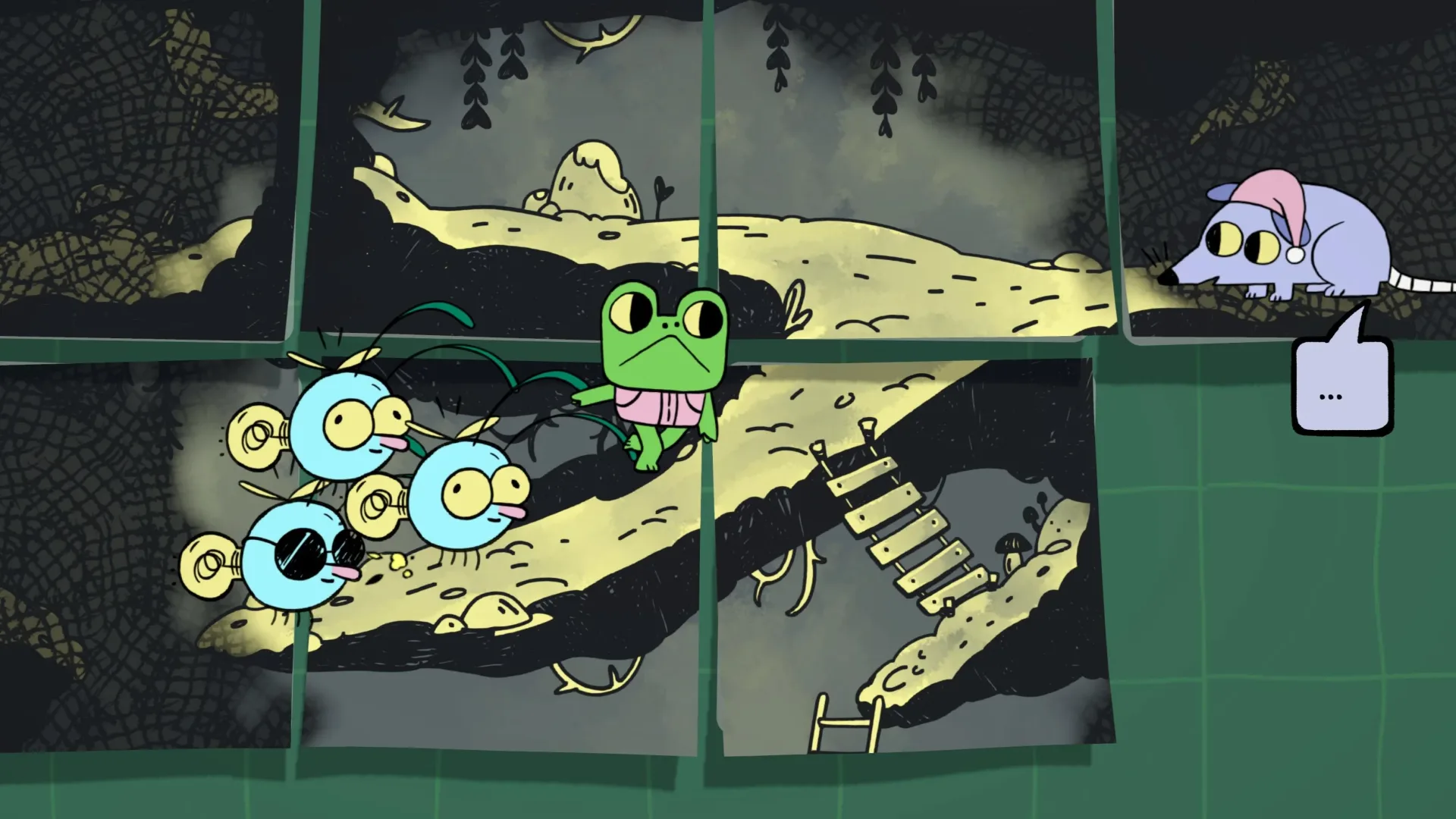 Froggo stands among illustrated sticky notes in Walk The Frog