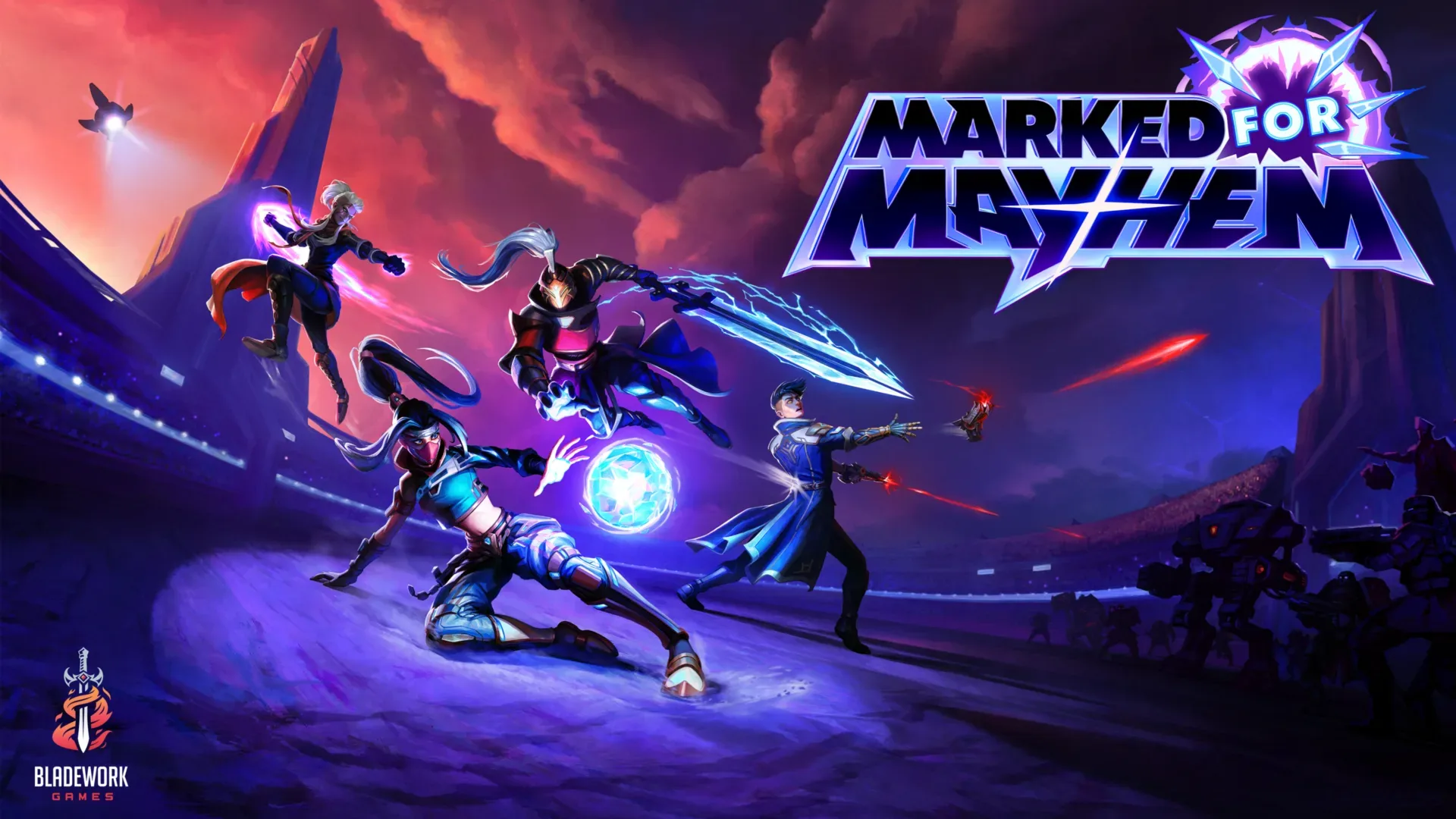Marked For Mayhem key art showing its competitive four-player action dungeon runner premise