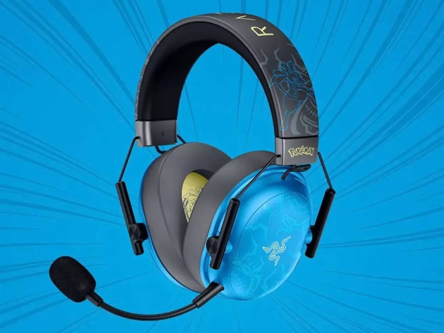 Official image of the Lucario Edition BlackShark V3 X HyperSpeed headset on a blue background.