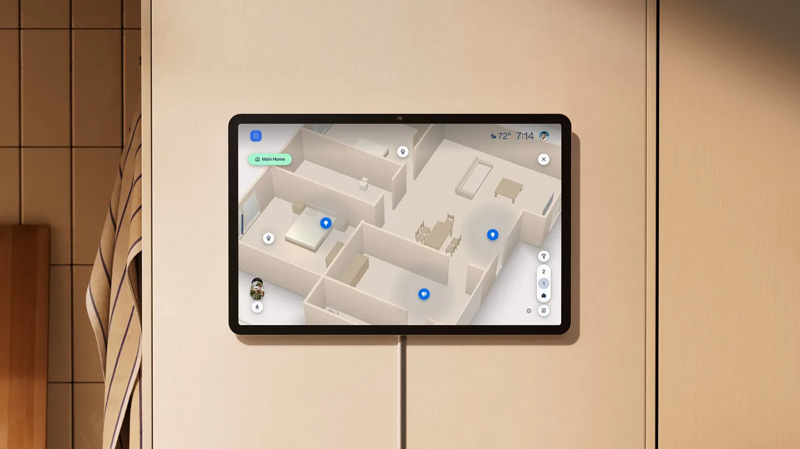 Illustration of a 3D smart-home map showing lights and speakers by room